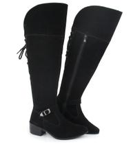 Bota Over The Knee Feminina Cano Alto Preta Ajustável Couro Camurça Lançamento Inverno