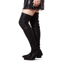 Bota Over The Knee Meia Feminina Salto Bloco Baixo Bico Fino Elegante Stretch Ajustável Cano Alto Curto