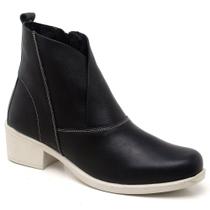 Bota Roses Malu Em Couro Graxo Preto Com Sola Em Salto Baixo Branco