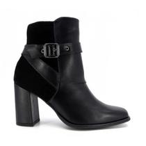 Bota Salto Alto Bloco Preta Couro Detalhe Fivela - Usaflex