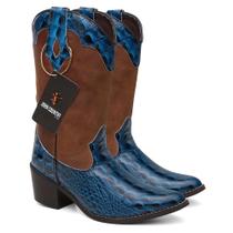 Bota Texana Bico Fino Feminina Em Couro Cor Azul Ref. Fino-Snake-F-Azul