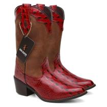 Bota Texana Bico Fino Feminina Em Couro Cor Vermelha Ref. Fino-Snake-F-Vermelha