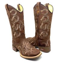 Bota Texana Bordados Estrivos Bege em Couro