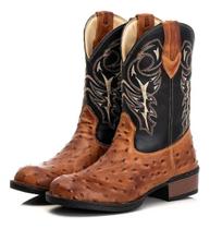 Bota Texana Campero Couro Avestruz Bico Redondo Country