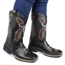 Bota Texana Country Bico Quadrado Sem Gênero Bordada Couro