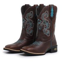 Bota Texana Country Couro Nobuck Detalhes em Azul Sola de Borracha