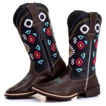 Bota Texana Country Feminina Cano longo em Couro Misto bordada Azul - KAPPEL