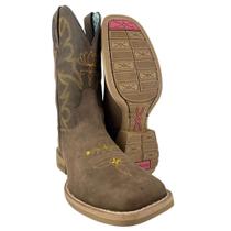 Bota Texana De Boiadeira Jácomo Couro Marrom Claro Bordado Bico Quadrado Ref.4861/UFA