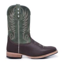 Bota Texana em Couro Cano Verde Bordada Country Bico Quadrado Masculina Rodeio