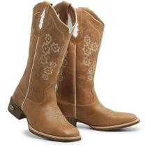 Bota Texana Em Couro Caramelo Bordado Flor Feminino