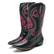 Bota Texana Em Couro Krn Shoes Com Bico Fino Salto Quadrado E Bordado