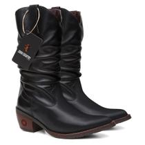 Bota Texana Feminina Bico Fino Enrrugada Em Couro Cor Preta Ref. Fino-Enrrugada-Preta
