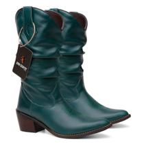 Bota Texana Feminina Bico Fino Enrrugada em Couro Cor Verde Cód. 387