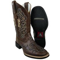 Bota Texana Feminina Big Bull Boots Couro Fóssil Marrom Bico Quadrado Bordado Bege Fundo Prata Ref. 900L497