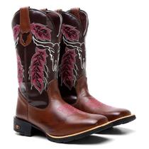 Bota Texana Feminina Cano Alto Couro Cara de Boi Rosa Bordada Bota Texana Feminina Cano Alto Couro Cara de Boi Rosa Bordada