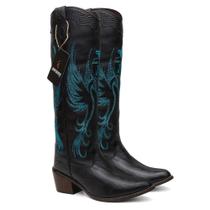 Bota Texana Feminina Cano Longo Phoenix Black em Couro Ref. Phoenix-Black