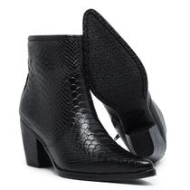 Bota Texana Feminina Coturno Cano Médio Bico Fino Zíper Lateral Salto Médio