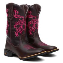 Bota Texana Feminina Country Em Couro Flor Rosa Ref. Flor-Rosa