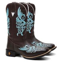 Bota Texana Feminina Country Em Couro Floral Azul Ref.: Floral-Azul