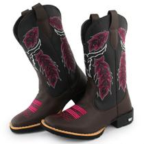 Bota Texana Feminina Couro Country Bico Quadrado Café Cara de Boi Bota Texana Feminina Couro Country Bico Quadrado Café Cara de Boi