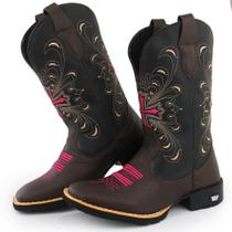Bota Texana Feminina Couro Country Bico Quadrado Café Flora