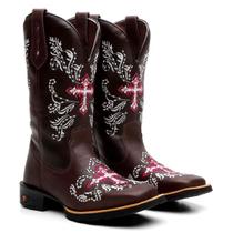 Bota Texana Feminina Couro Country Western Cruz Rosa Bordada Bota Texana Feminina Couro Country Western Cruz Rosa Bordada