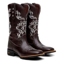 Bota Texana Feminina Couro Country Western Flor Branca Bordada