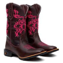 Bota Texana Feminina Couro Country Western Flor Rosa Bordada Bota Texana Feminina Couro Country Western Flor Rosa Bordada
