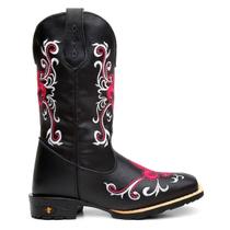 Bota Texana Feminina Couro Country Western Orquídea Rosa Bordada Bota Texana Feminina Couro Country Western Orquídea Rosa Bordada