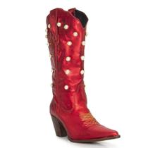 Bota Texana Feminina Couro Dallas Vermelho Com Perola Branca - Silverado Botas