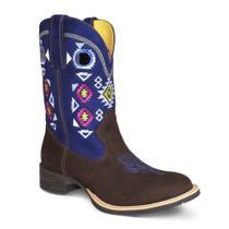 Bota Texana Feminina Couro Nobuck Cafe E Azul - Silverado Botas