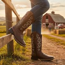 Bota Texana Feminina em Couro Legítimo Café Cano Bordado Haras Kapell Bota Texana Feminina em Couro Legítimo Café Cano Bordado Haras Kapell