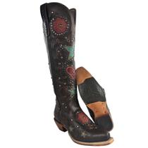 Bota Texana Feminina Goyazes Bico Fino Cano Alto Couro Mustang Marrom Bordados Coloridos Ref 259806CC