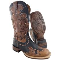 Bota Texana Feminina Goyazes Bico Quadrado Flare Couro Mustang Preto Dallas Furtacor Ref 256408CF06