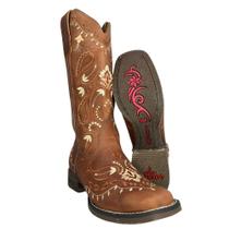 Bota Texana Feminina Goyazes Bico Quadrado Flex Couro Dallas Terra Com Bordado Ref203253CF03