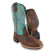 Bota Texana Feminina Goyazes Bico Quadrado Ranch Flare Couro Flex Café E Azul Ref 256402CF