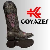 Bota Texana Feminina Goyazes Couro Atlanta Café Solado Jump Bordados Coloridos E Rosa REF: 243205-CJ