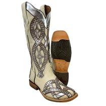 Bota Texana Feminina Goyazes Couro Austin Off White Austin Off White Bico Quadrado Com Detalhes Prata Ref203251 CC