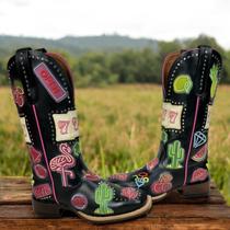 Bota Texana Feminina Goyazes Couro Legítimo Preto Bico Quadrado Bordados Coloridos- Ref. 236403-CF