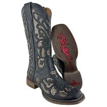 Bota Texana Feminina Goyazes Couro Pit Stop Preto Bico Quadrado Recortes Dourados E Tachinhas Ref 203254CF06
