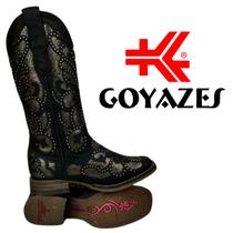 Bota Texana Feminina Goyazes Couro Preto Bico Quadrado Com Recorte Prata Brilhante R.203254-CF