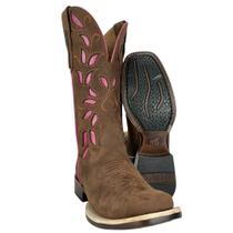 Bota Texana Feminina Goyazes Solado Power Waterproof Couro Nobuck Oil Café Com Bordado Rosa Pink Ref253207CHP07 Bota Texana Feminina Goyazes Solado Power Waterproof Couro Nobuck Oil Café Com Bordado Rosa Pink Ref253207CHP07