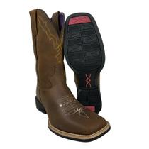 Bota Texana Feminina Jácomo Bico Quadrado Couro Crazy Amêndoa Com Bordado Creme Amarelo Ref4841UF