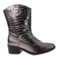 Bota Texana Feminina Metalizada Bico Fino Conforto Com Zíper