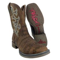 Bota Texana Feminina Original Goyazes Couro Legítimo Dallas Marrom Com Bordado Flex Ref: 233207CF
