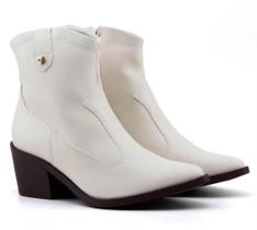 Bota Texana Feminina Quiz Off White Salto 6cm Zíper Lateral Sintético Moderno
