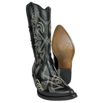 Bota Texana Feminina Vimar Bico Fino Couro Atlanta Preto Bordado Cru Tachinhas Sola Genova VOO Ref. 10247