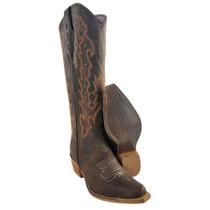 Bota Texana Feminina Vimar Bico Fino Couro Fóssil Castanho Bordado Sola Luchese Natural Ref 10239
