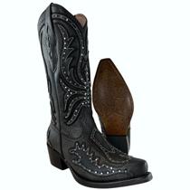 Bota Texana Feminina Vimar Bico Fino Couro Kzar Fóssil Preto Sola Vicenza 00 Ref. 10240