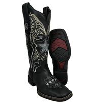 Bota Texana Feminina Vimar Bico Quadrado Fóssil Preto Com Bordado Branco Sola VTS V01F2 Ref.13218 Bota Texana Feminina Vimar Bico Quadrado Fóssil Preto Com Bordado Branco Sola VTS V01F2 Ref.13218